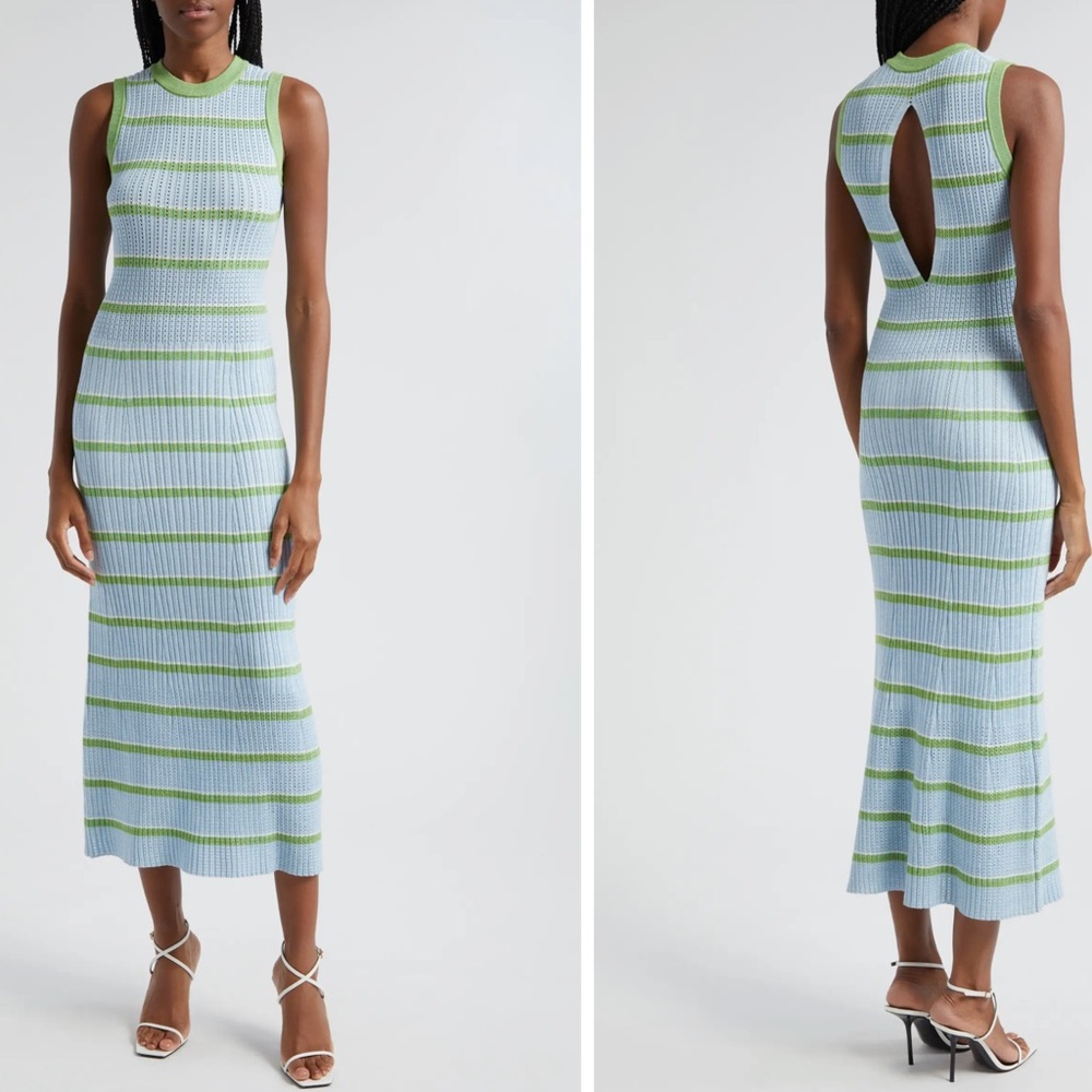 Ramy Brook Blue and Green Striped Knit Midi Dress